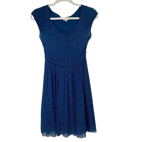 Anthropologie Weston Blue Polka Dot Chiffon Midi Dress XS Fit Flare - Picture 2 of 15